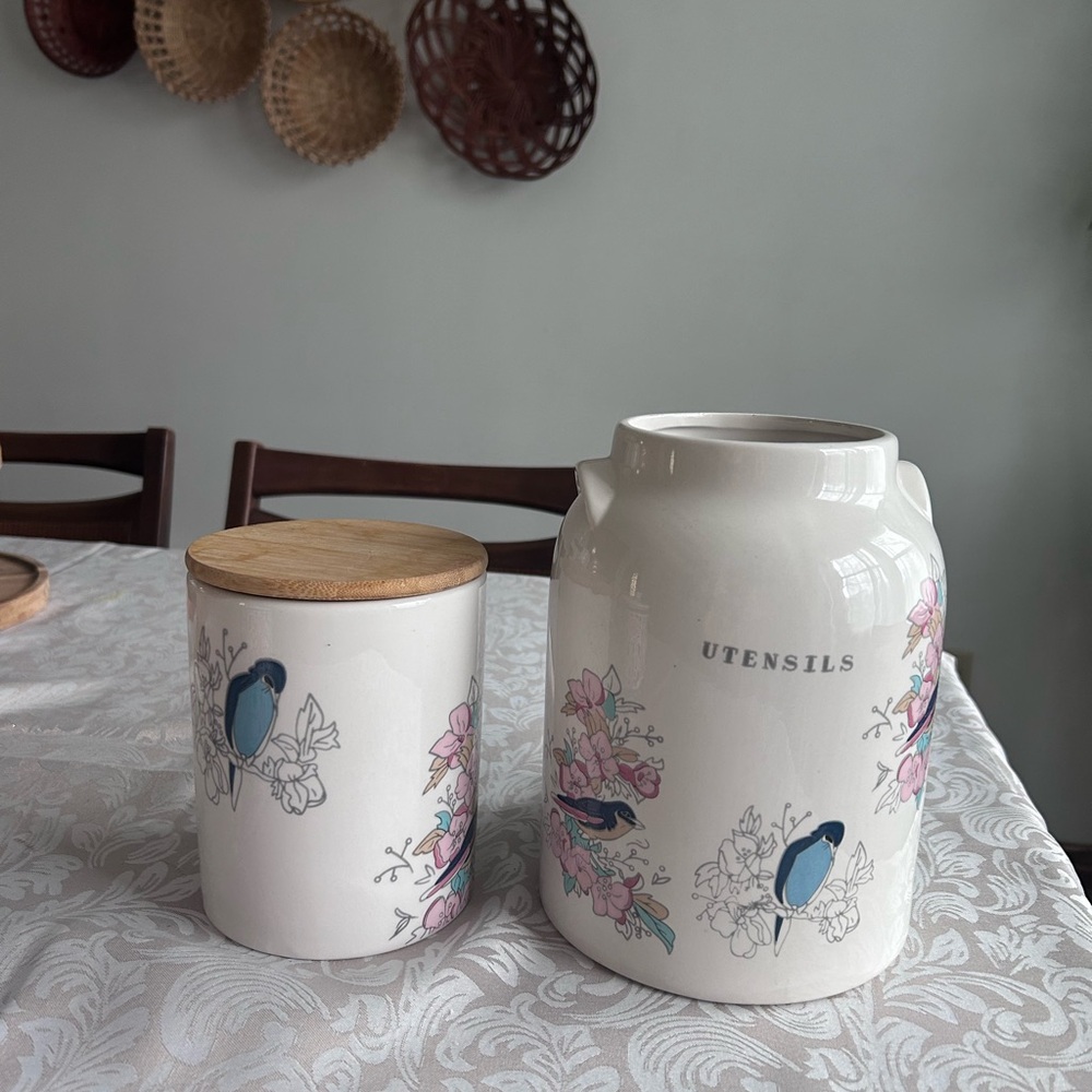 Floral Ceramic Utensil Holder and Jar Set